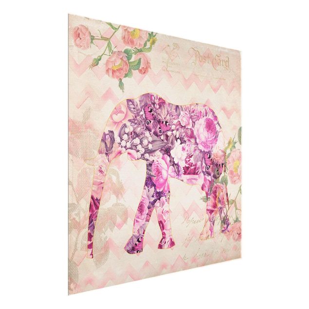 Wandbilder Schmetterlinge Vintage Collage - Rosa Blüten Elefant