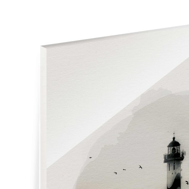 Glasbild schwarz-weiß Wasserfarben - Leuchtturm im Nebel