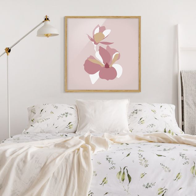 Blumenbilder mit Rahmen Line Art Blüten Pastell Rosa