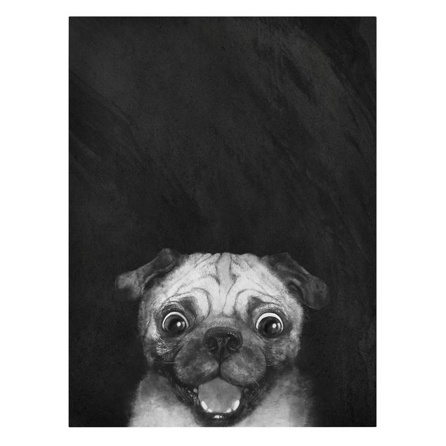 Kunstdruck Leinwand Illustration Hund Mops Malerei auf Schwarz Weiß