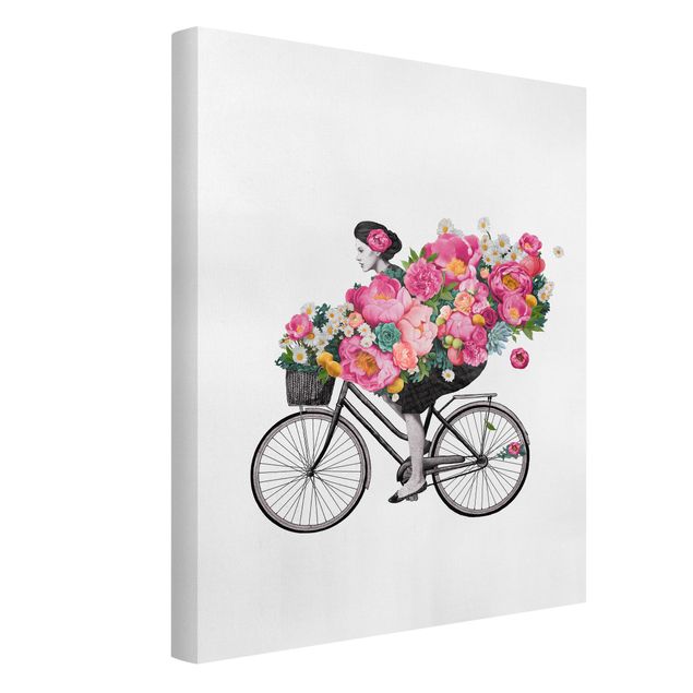 Wandbilder Floral Illustration Frau auf Fahrrad Collage bunte Blumen