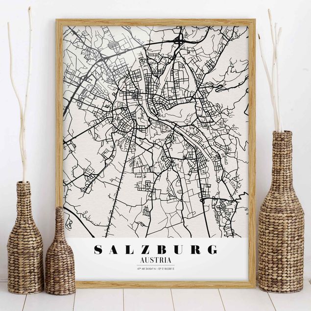 gerahmte Bilder schwarz-weiß Stadtplan Salzburg - Klassik