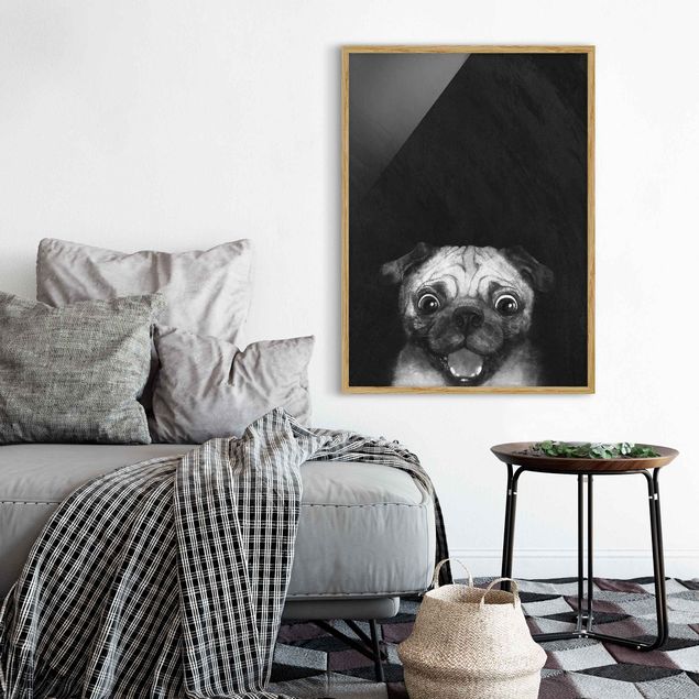 Wandbilder Hunde Illustration Hund Mops Malerei auf Schwarz Weiß