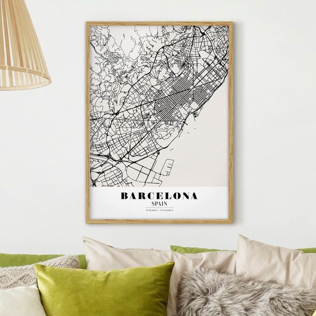 schwarz-weiß Bilder gerahmt Stadtplan Barcelona - Klassik