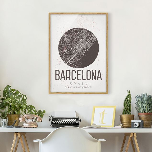 schwarz-weiß Bilder gerahmt Stadtplan Barcelona - Retro