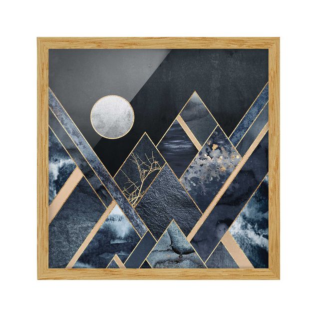 Wandbilder Kunstdrucke Goldener Mond abstrakte schwarze Berge