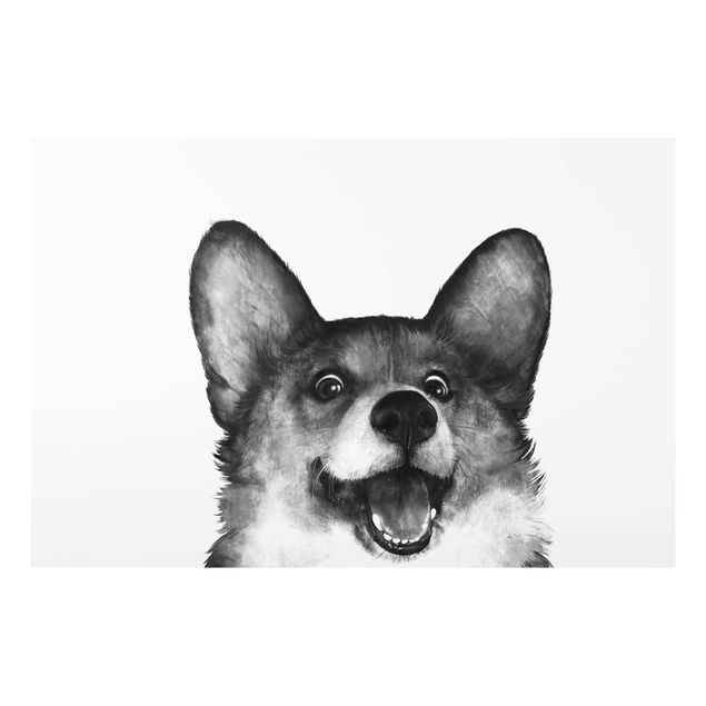 Glasbilder Tiere Illustration Hund Corgi Weiß Schwarz Malerei