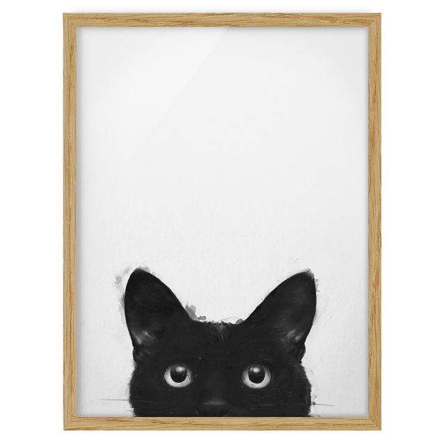 Gerahmte Bilder Tiere Illustration Schwarze Katze auf Weiß Malerei
