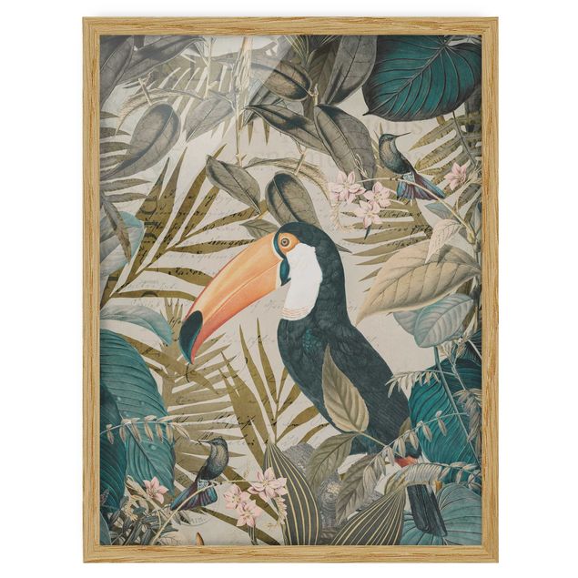 Wandbilder Floral Vintage Collage - Tukan im Dschungel