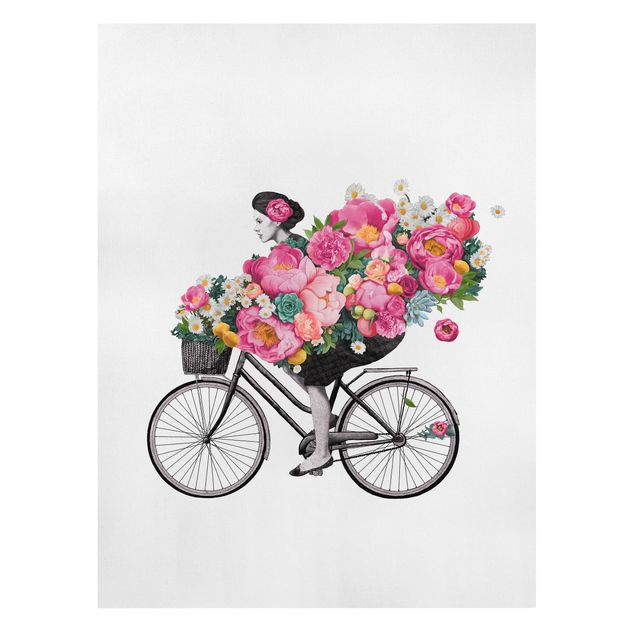 Wandbilder Blumen Illustration Frau auf Fahrrad Collage bunte Blumen
