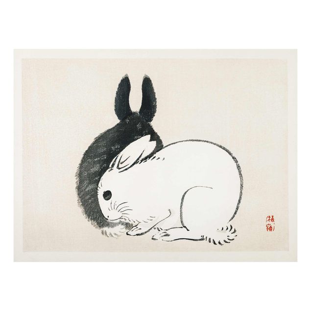 Wandbilder Schwarz-Weiß Asiatische Vintage Zeichnung Zwei Häschen