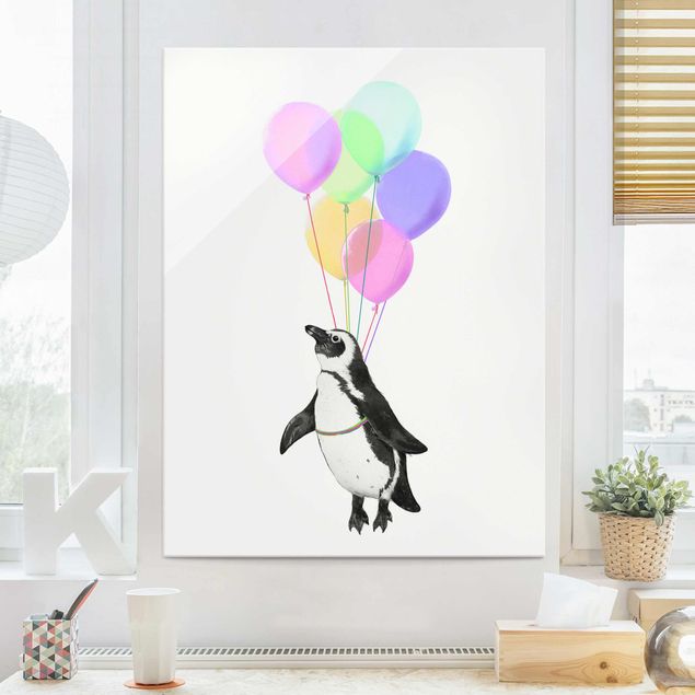 Glas Wandbilder Illustration Pinguin Pastell Luftballons