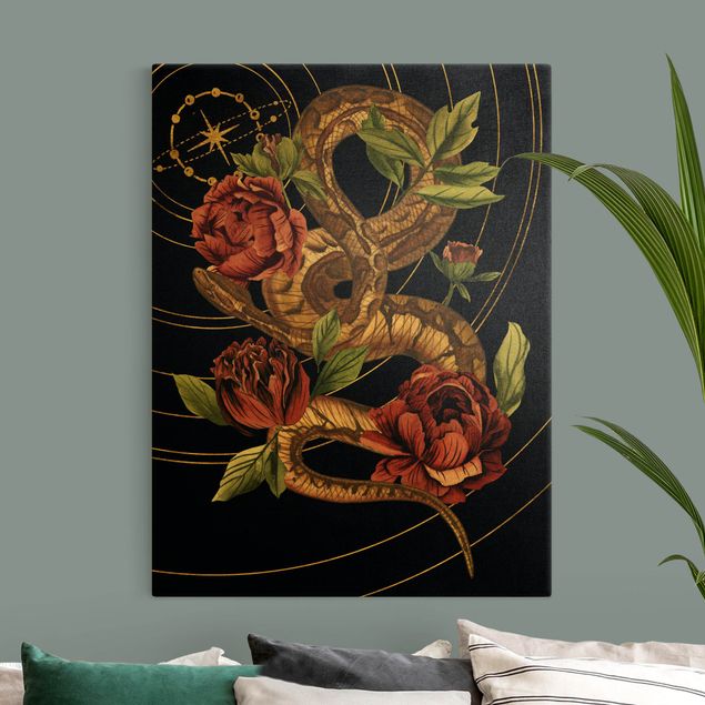 Wandbilder Blumen Schlange mit Rosen Schwarz und Gold IV
