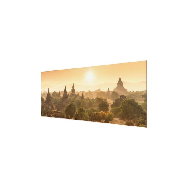 Glasbild Skyline Sonnenuntergang über Bagan