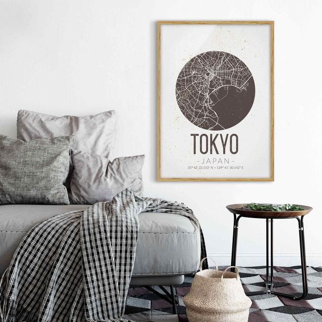 gerahmte Bilder schwarz-weiß Stadtplan Tokyo - Retro