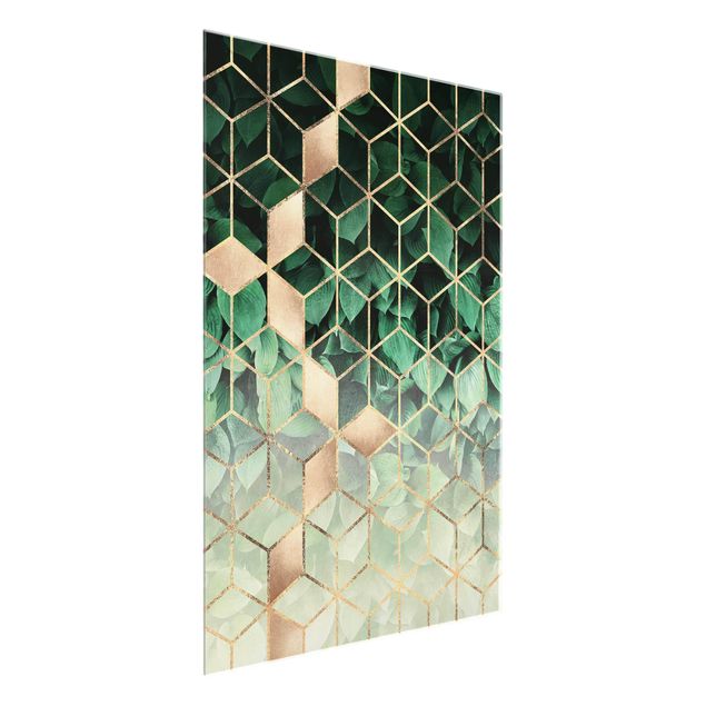 Glasbilder Abstrakt Grüne Blätter goldene Geometrie