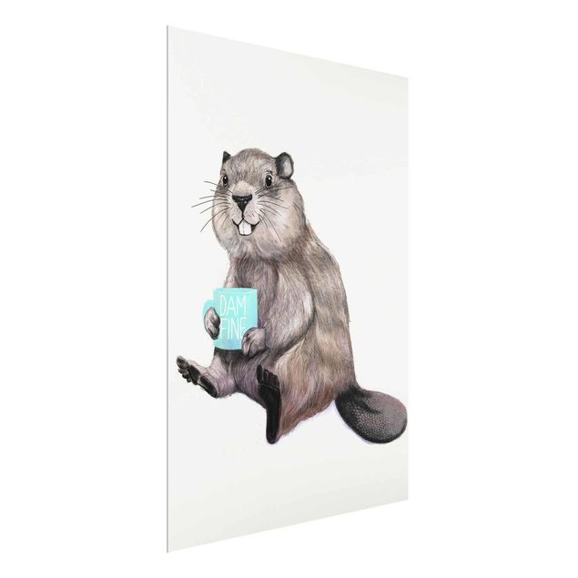 Glasbilder Tiere Illustration Biber mit Kaffeetasse