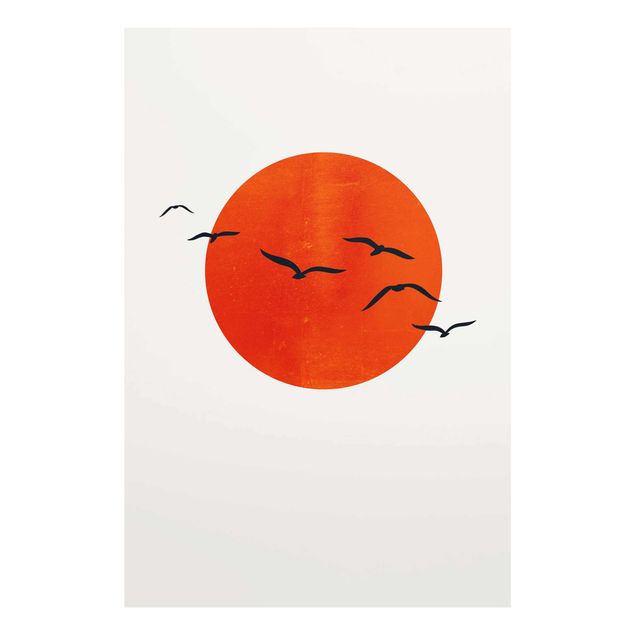 Glasbilder Tiere Vogelschwarm vor roter Sonne I