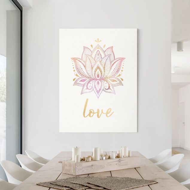 Leinwand mit Spruch Lotus Illustration Love gold rosa