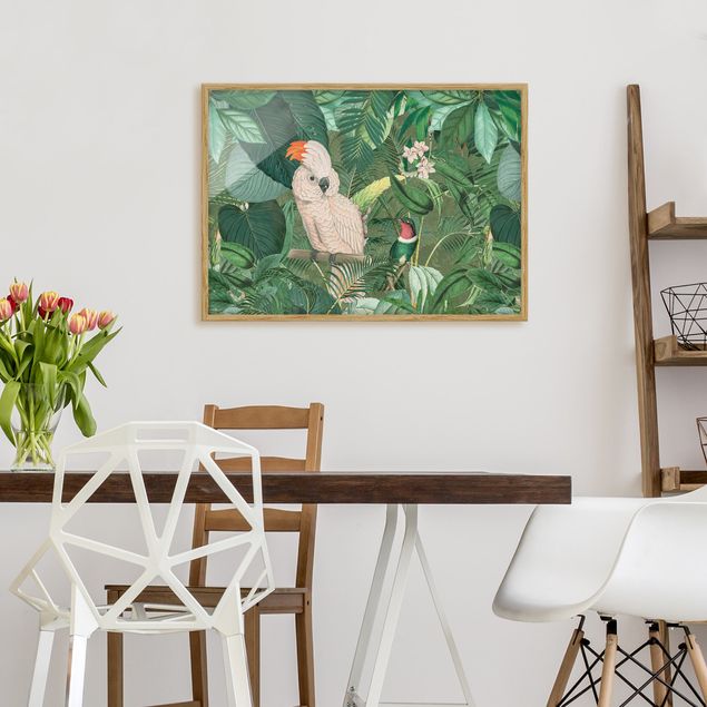 gerahmte Blumenbilder Vintage Collage - Kakadu und Kolibri