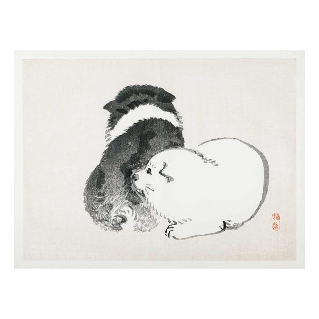 Wandbilder Retro Asiatische Vintage Zeichnung Schwarze und weiße Hündchen