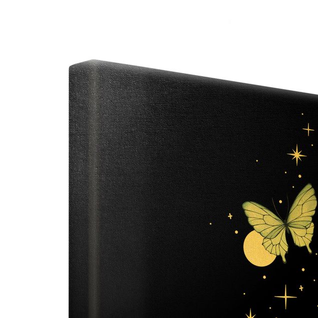 Leinwandbild Gold - Zaubernde Hand - Schmetterlinge und Planeten - Hochformat 4:3