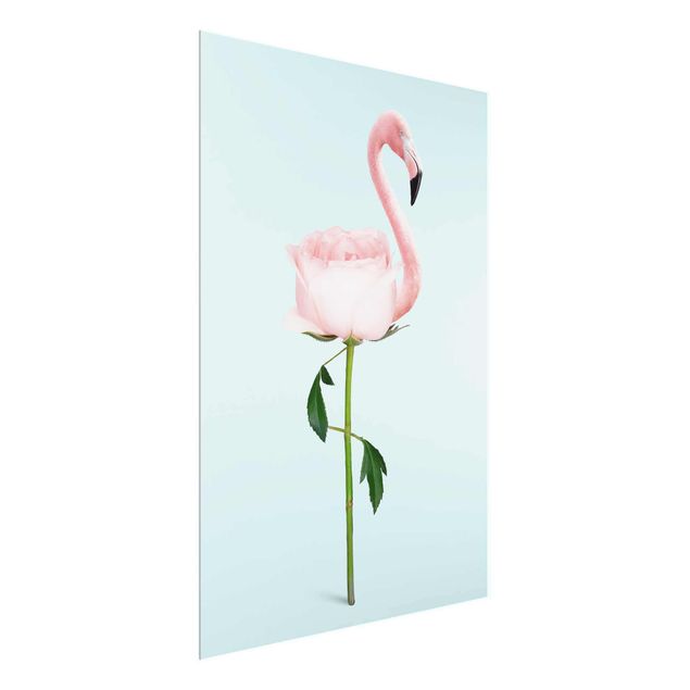 Blumen Glasbilder Flamingo mit Rose