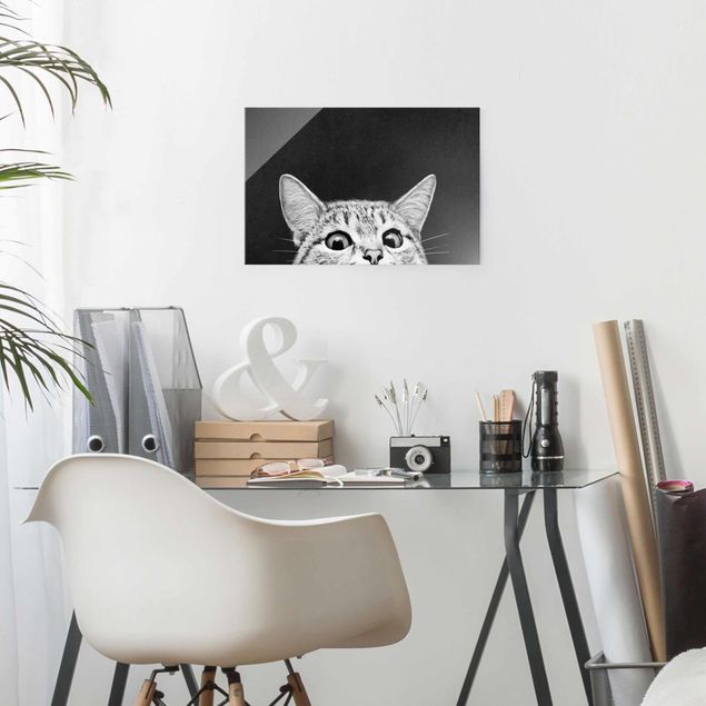Küchen Deko Illustration Katze Schwarz Weiß Zeichnung