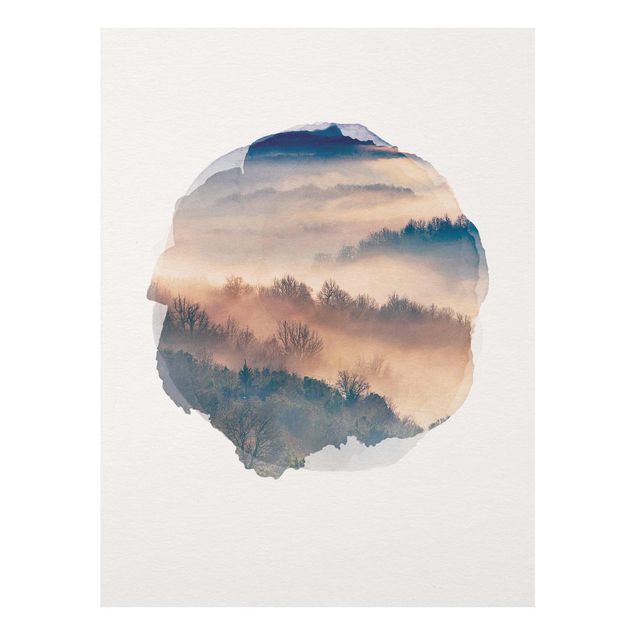 Glasbilder Landschaften Wasserfarben - Nebel bei Sonnenuntergang