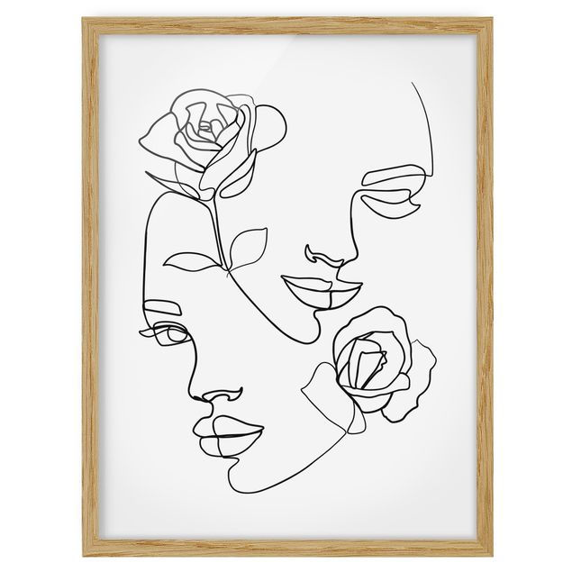 gerahmte Blumenbilder Line Art Gesichter Frauen Rosen Schwarz Weiß