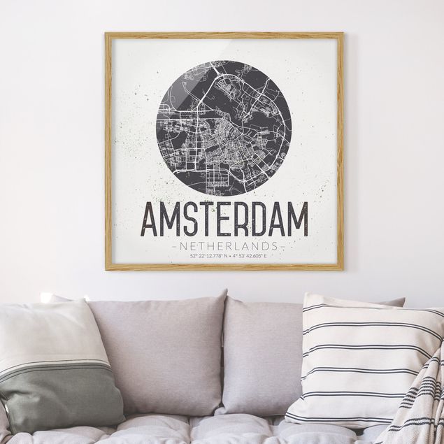 schwarz-weiß Bilder mit Rahmen Stadtplan Amsterdam - Retro