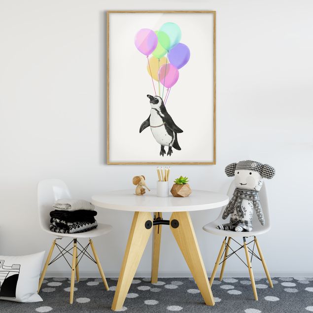 Tierbilder mit Rahmen Illustration Pinguin Pastell Luftballons