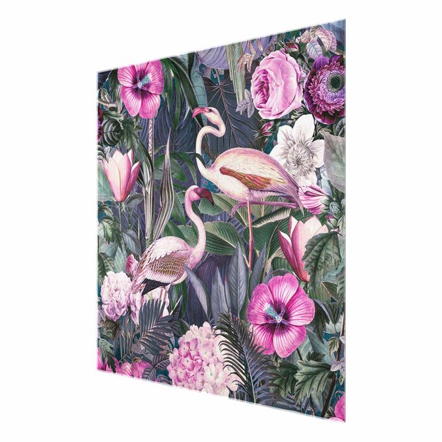 Wandbilder Blumen Bunte Collage - Pinke Flamingos im Dschungel