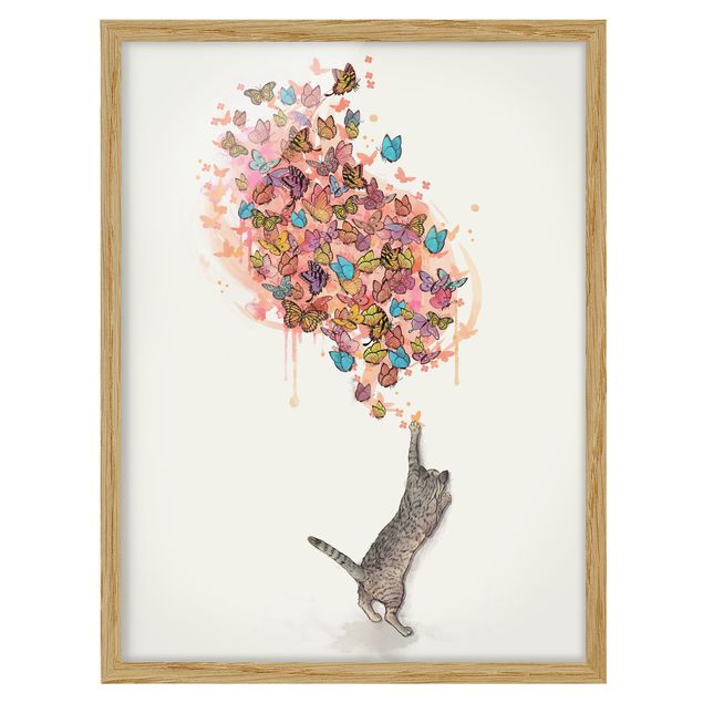 Tierbilder mit Rahmen Illustration Katze mit bunten Schmetterlingen Malerei