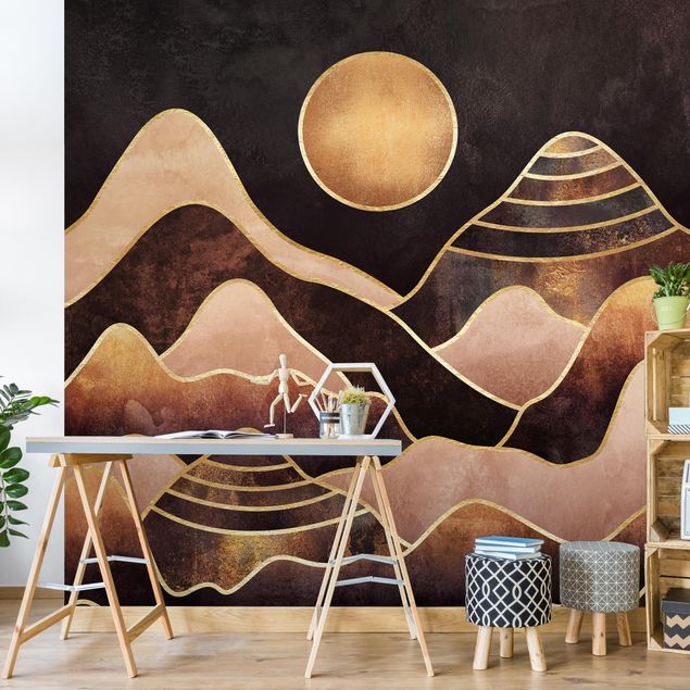 Wanddeko Küche Goldene Sonne abstrakte Berge