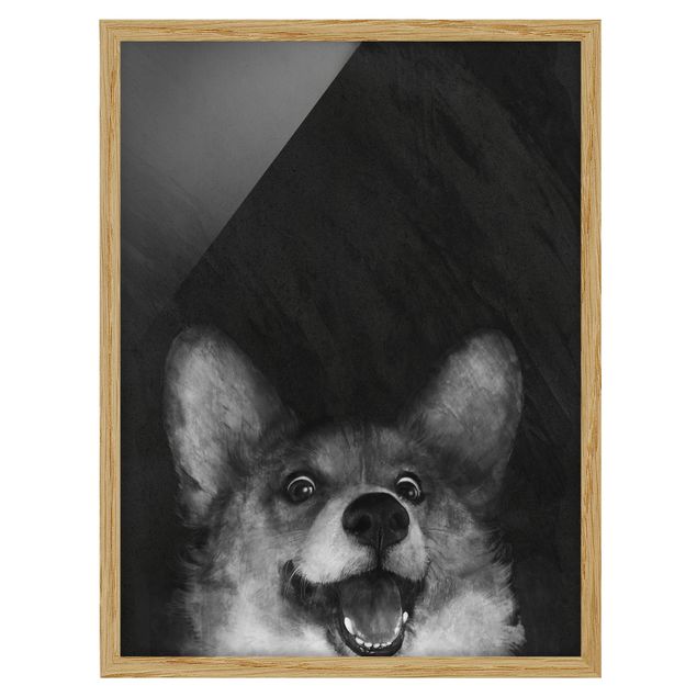Tierbilder mit Rahmen Illustration Hund Corgi Malerei Schwarz Weiß