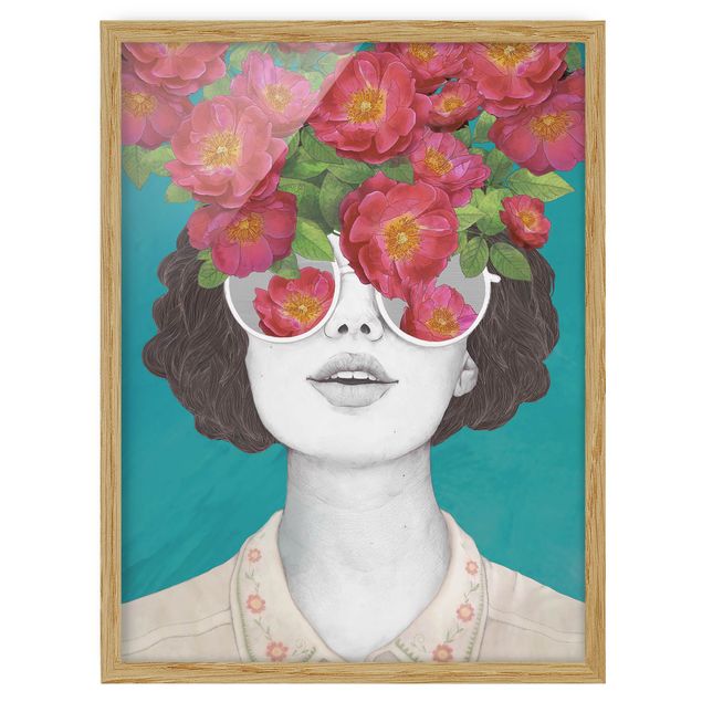 Wandbilder Modern Illustration Portrait Frau Collage mit Blumen Brille