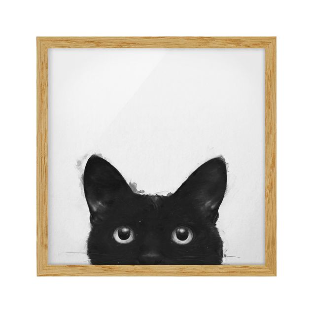 Gerahmte Bilder Tiere Illustration Schwarze Katze auf Weiß Malerei