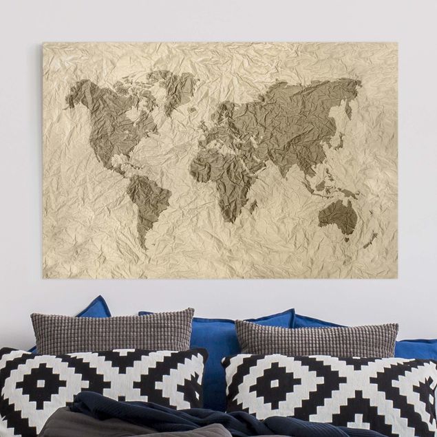 Wanddeko Küche Papier Weltkarte Beige Braun