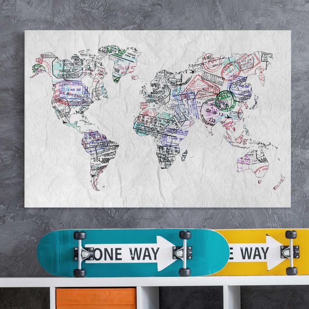 Leinwand mit Spruch Reisepass Stempel Weltkarte