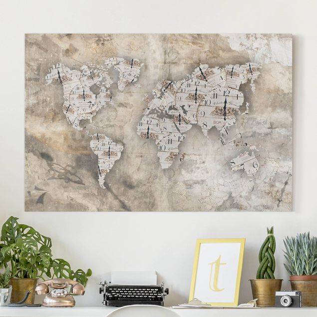 Bilder mit Steinen auf Leinwand Shabby Uhren Weltkarte