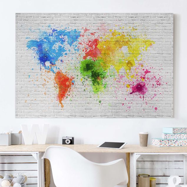 Bilder mit Steinen auf Leinwand Weiße Backsteinwand Weltkarte
