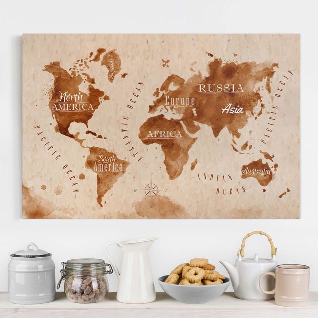Wanddeko Küche Weltkarte Aquarell beige braun