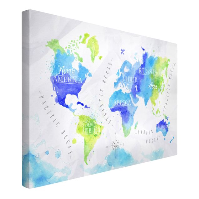 Leinwandbild Weltkarte Weltkarte Aquarell blau grün