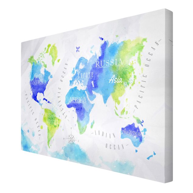 Wandbilder Grün Weltkarte Aquarell blau grün