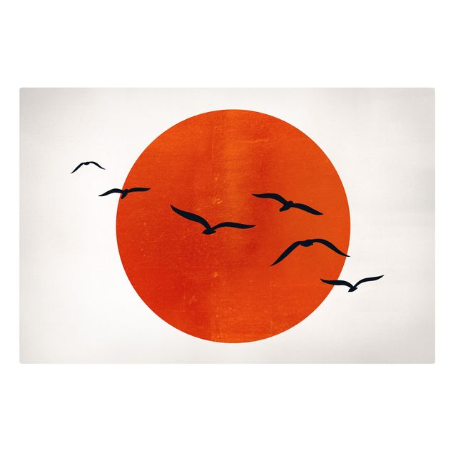 Kunstdrucke auf Leinwand Vogelschwarm vor roter Sonne I