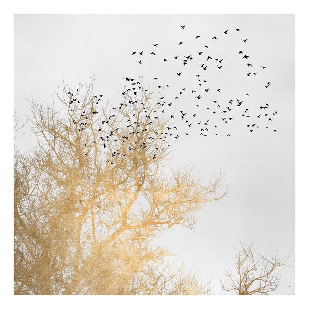 Kunstdruck Leinwand Vogelschwarm vor goldenem Baum