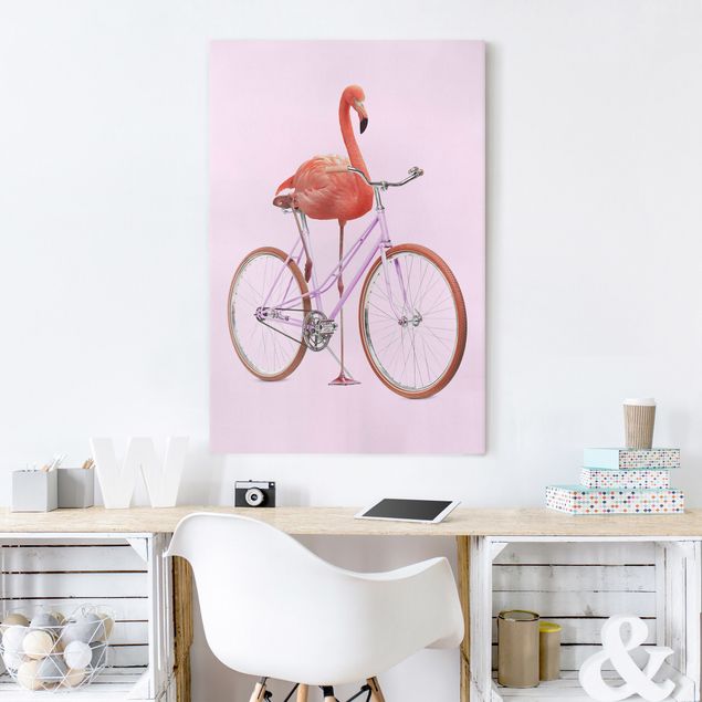 Leinwand Vögel Flamingo mit Fahrrad