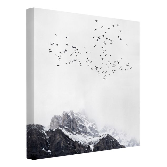 Wandbilder Berge Vogelschwarm vor Bergen Schwarz Weiß