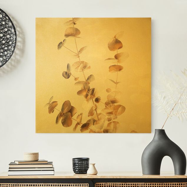 Wandbilder Blumen Goldene Eukalyptuszweige mit Weiß